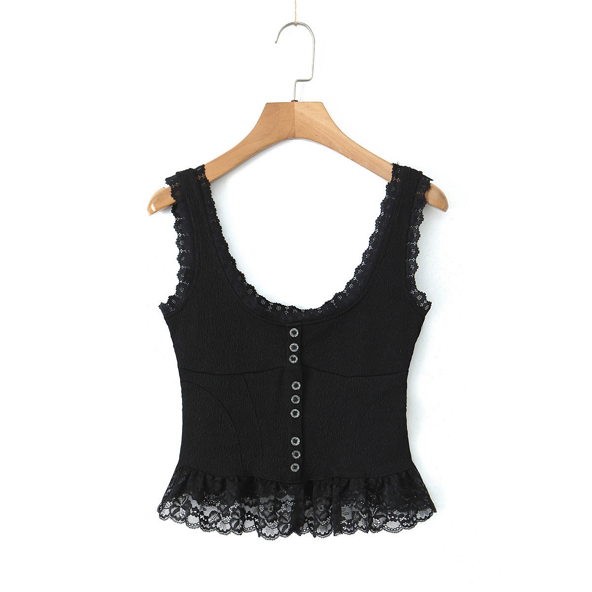 Lace Trim Button Front Peplum Cami Top