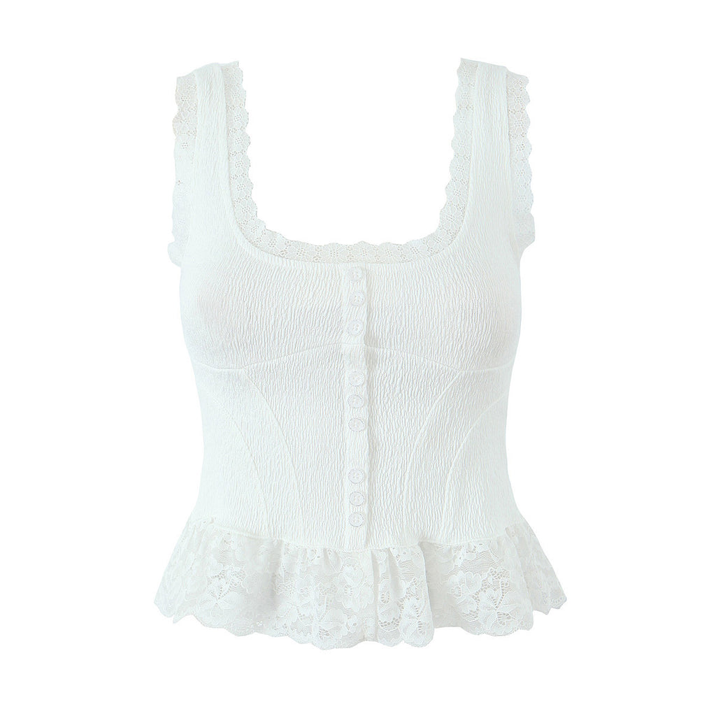 Lace Trim Button Front Peplum Cami Top - white