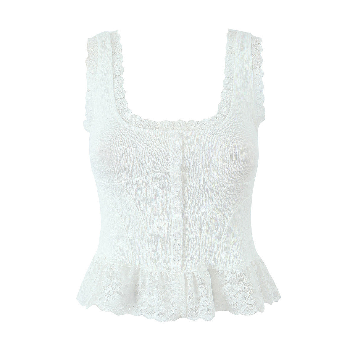 Lace Trim Button Front Peplum Cami Top - white