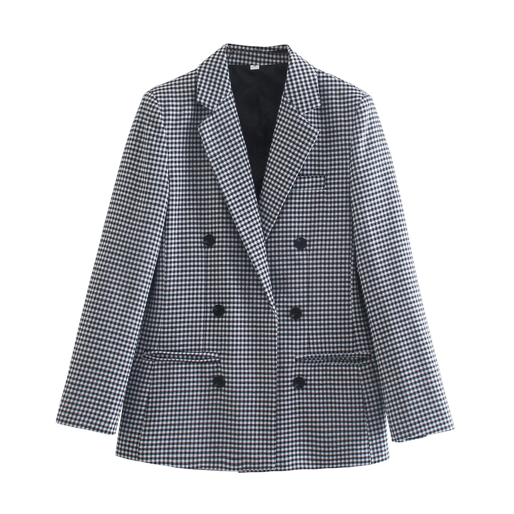 Micro Check Double Breasted Notch Lapel Blazer - BlackWhite