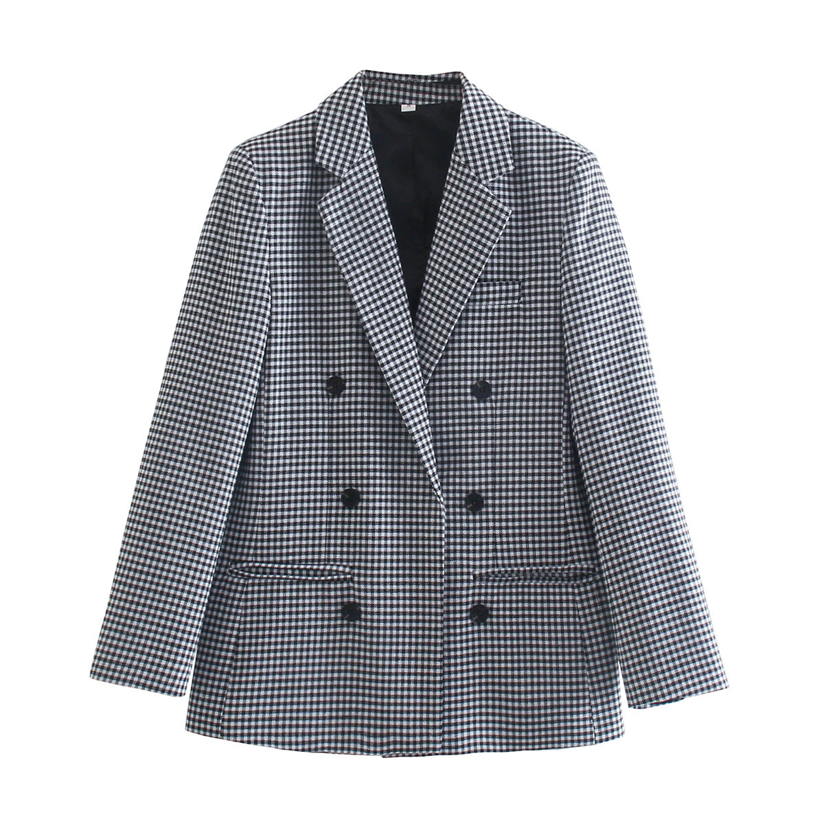 Micro Check Double Breasted Notch Lapel Blazer - BlackWhite