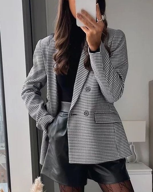 Micro Check Double Breasted Notch Lapel Blazer - BlackWhite - 1