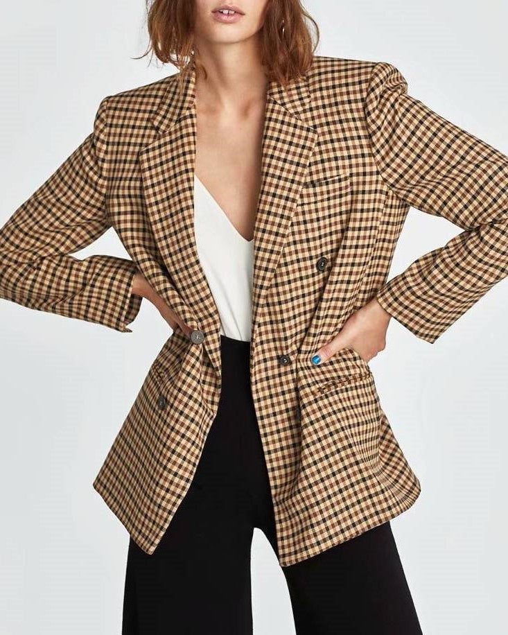 Micro Check Double Breasted Notch Lapel Blazer - Khaki