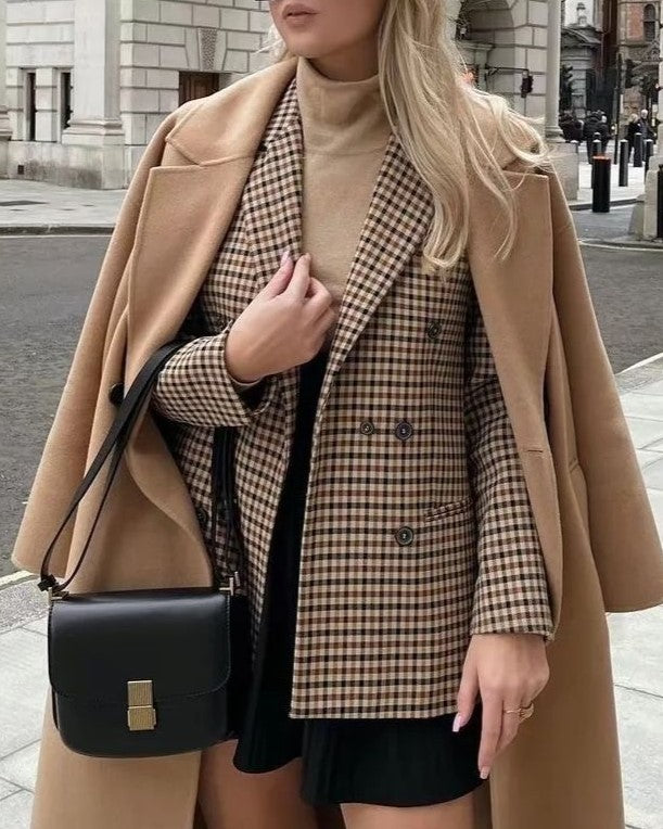 Micro Check Double Breasted Notch Lapel Blazer - Khaki - 2