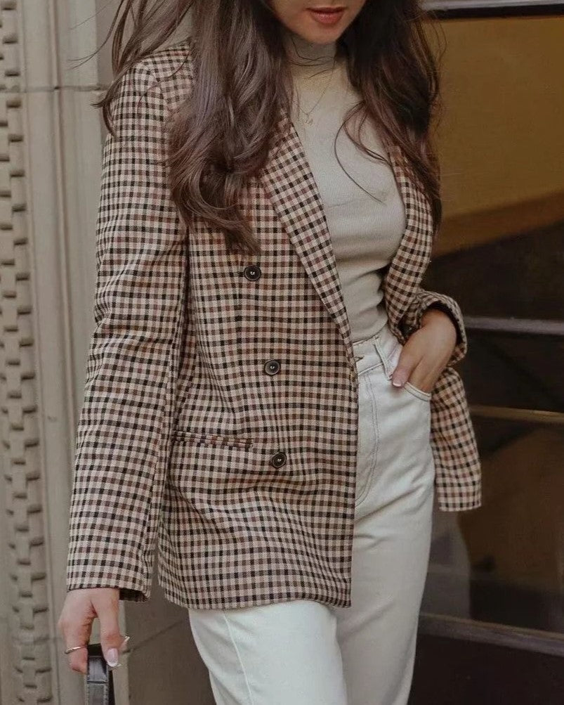 Micro Check Double Breasted Notch Lapel Blazer - Khaki - 3
