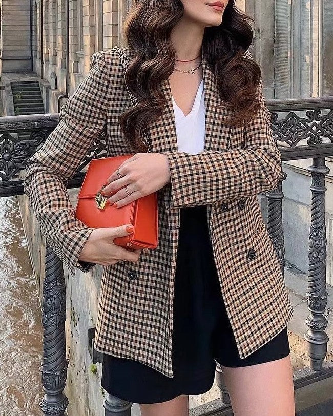 Micro Check Double Breasted Notch Lapel Blazer - Khaki - 4