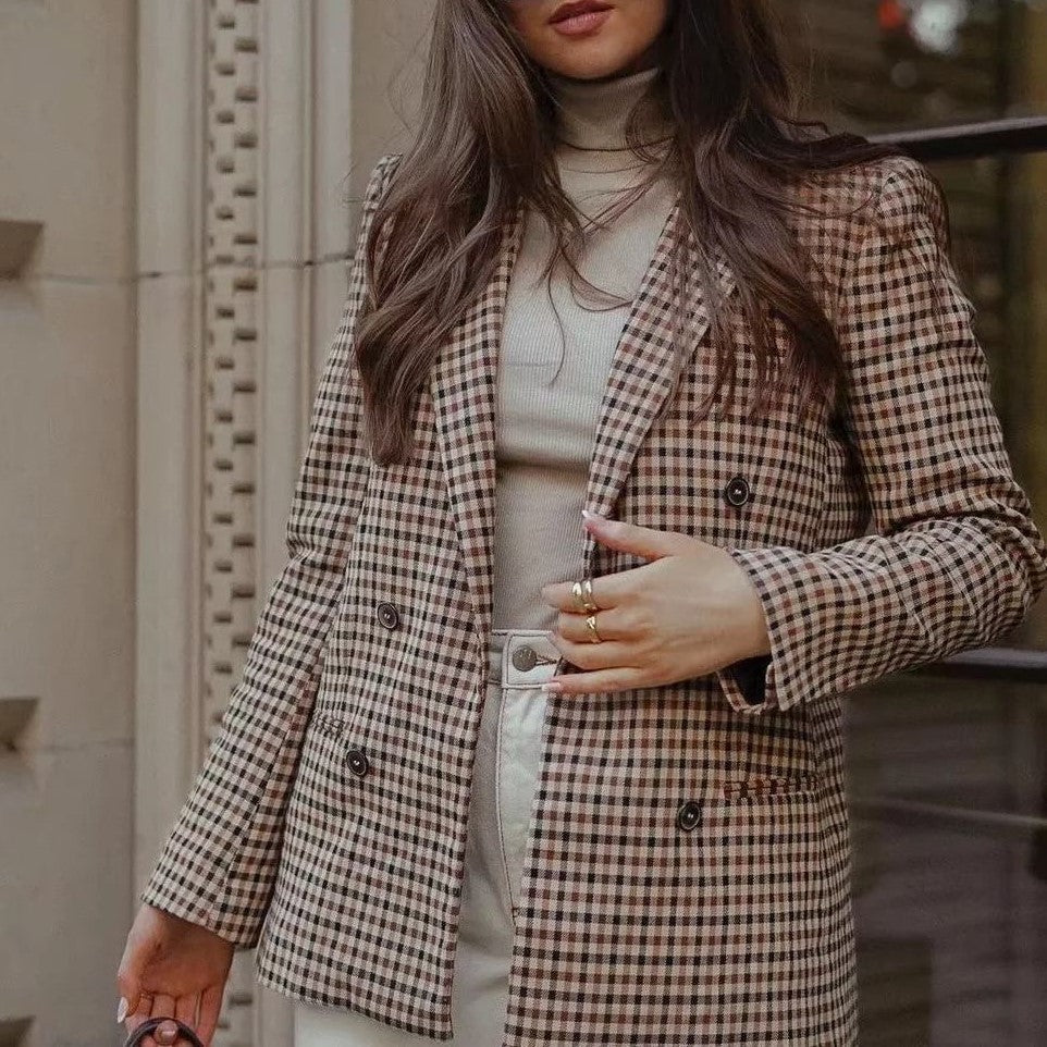 Micro Check Double Breasted Notch Lapel Blazer - Khaki - 5