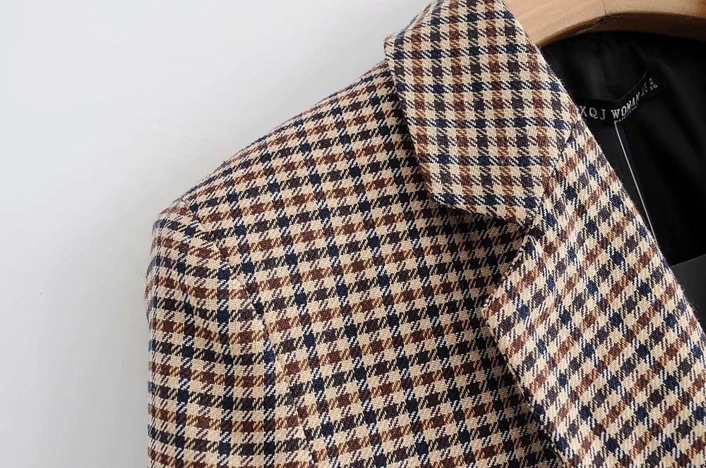 Micro Check Double Breasted Notch Lapel Blazer - Khaki - 6