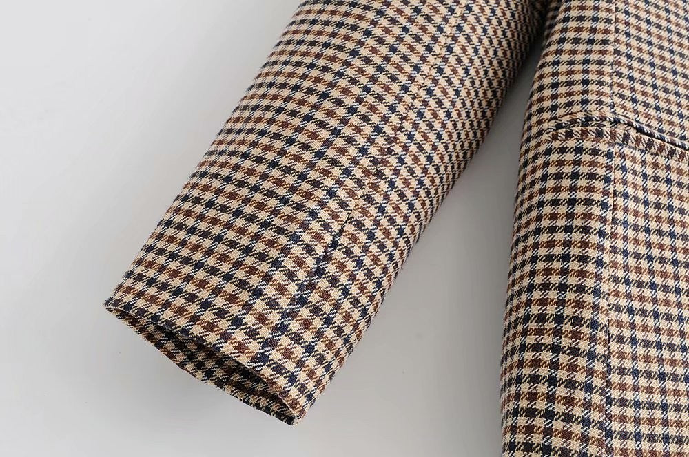 Micro Check Double Breasted Notch Lapel Blazer - Khaki - 7