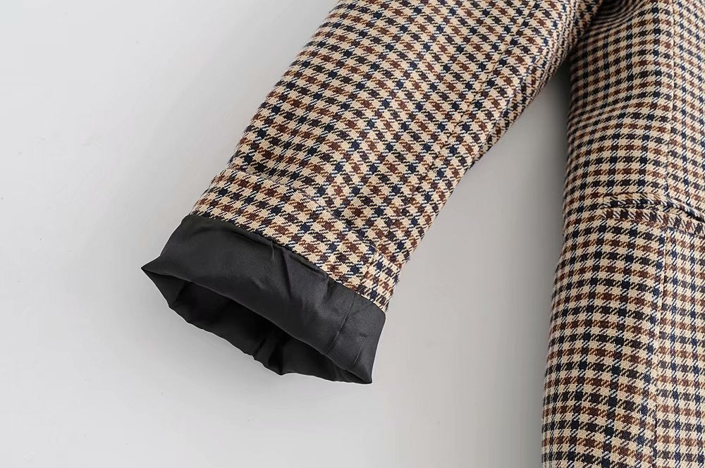 Micro Check Double Breasted Notch Lapel Blazer - Khaki - 8