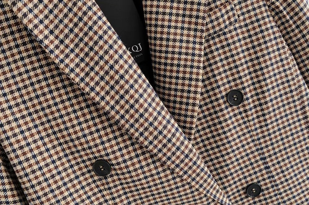 Micro Check Double Breasted Notch Lapel Blazer - Khaki - 9