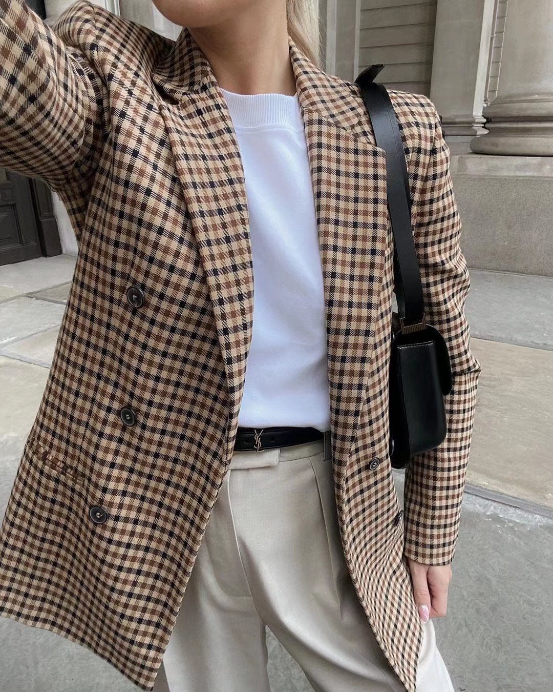 Micro Check Double Breasted Notch Lapel Blazer - view 1