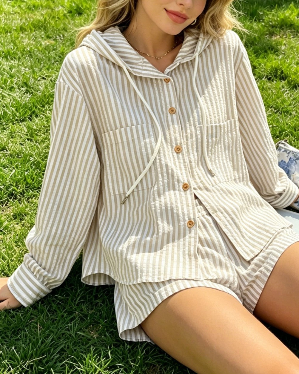 Breezy Striped Hooded Shirt With Chest Pocket - Apricot