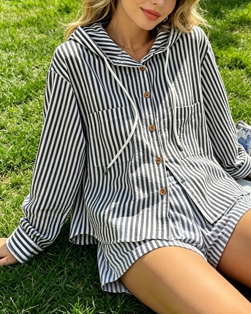 Breezy Striped Hooded Shirt With Chest Pocket - Black