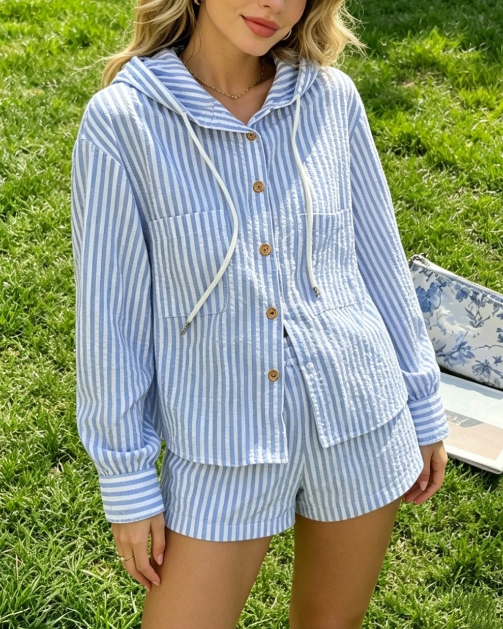Breezy Striped Hooded Shirt With Chest Pocket - Blue