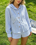 Breezy Striped Hooded Shirt With Chest Pocket - Blue