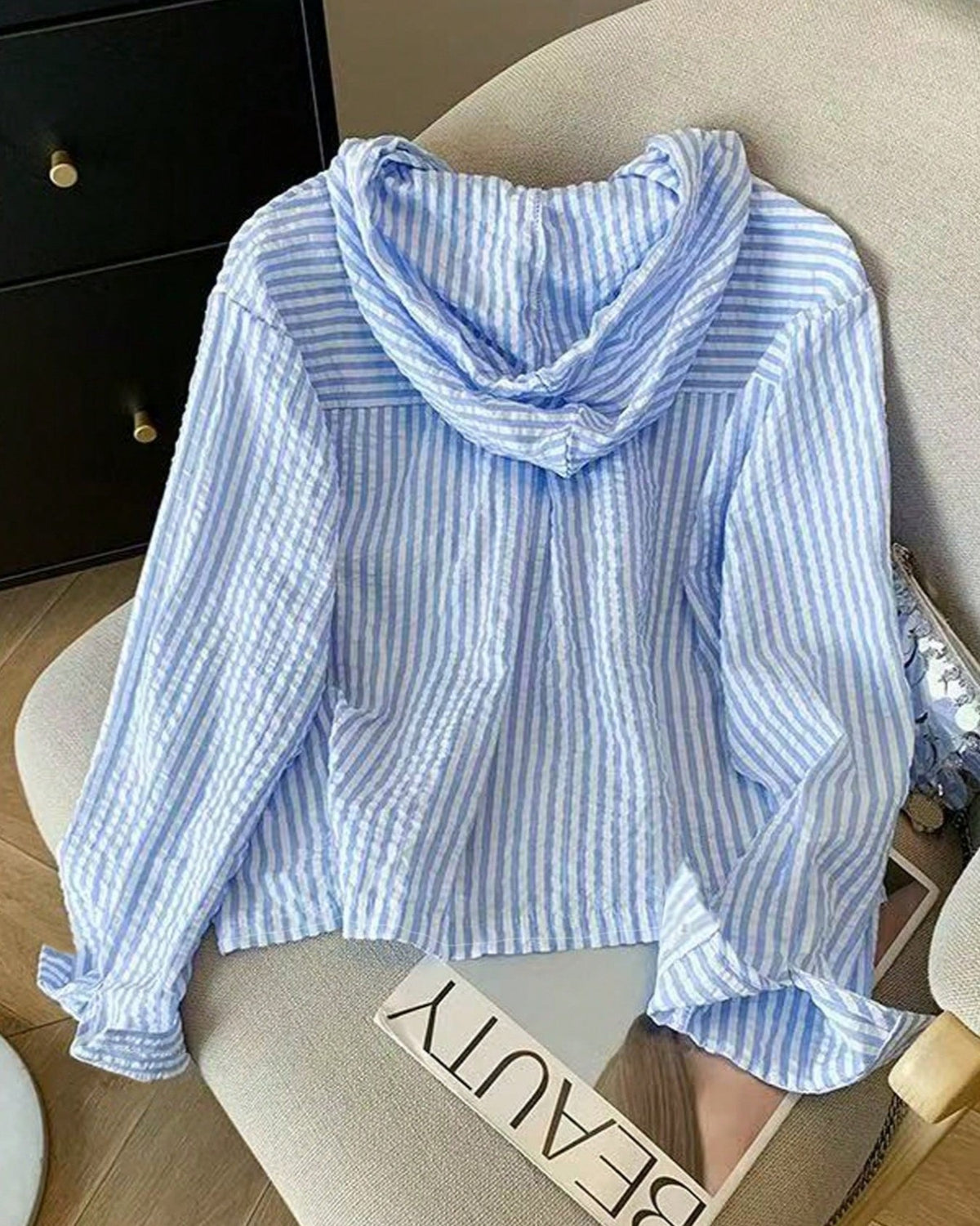 Breezy Striped Hooded Shirt With Chest Pocket - Blue - 1