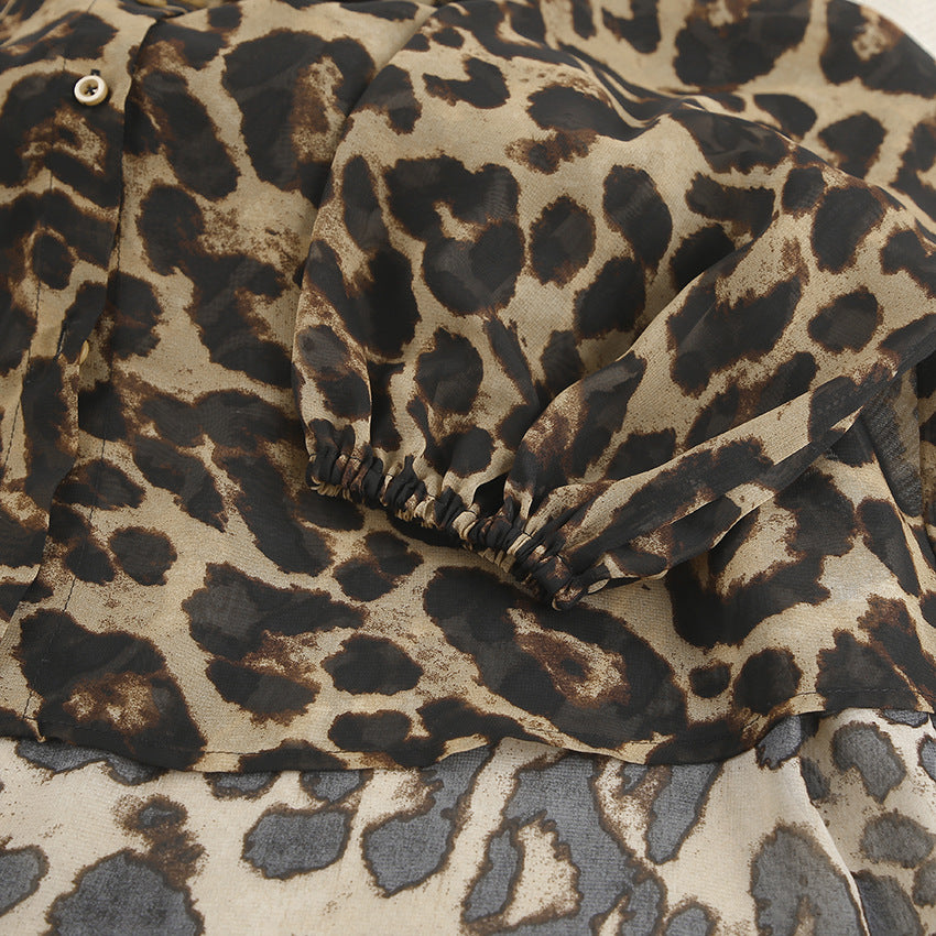 Sheer Leopard Print Lounge Shirt and Shorts Set - Brown - 3