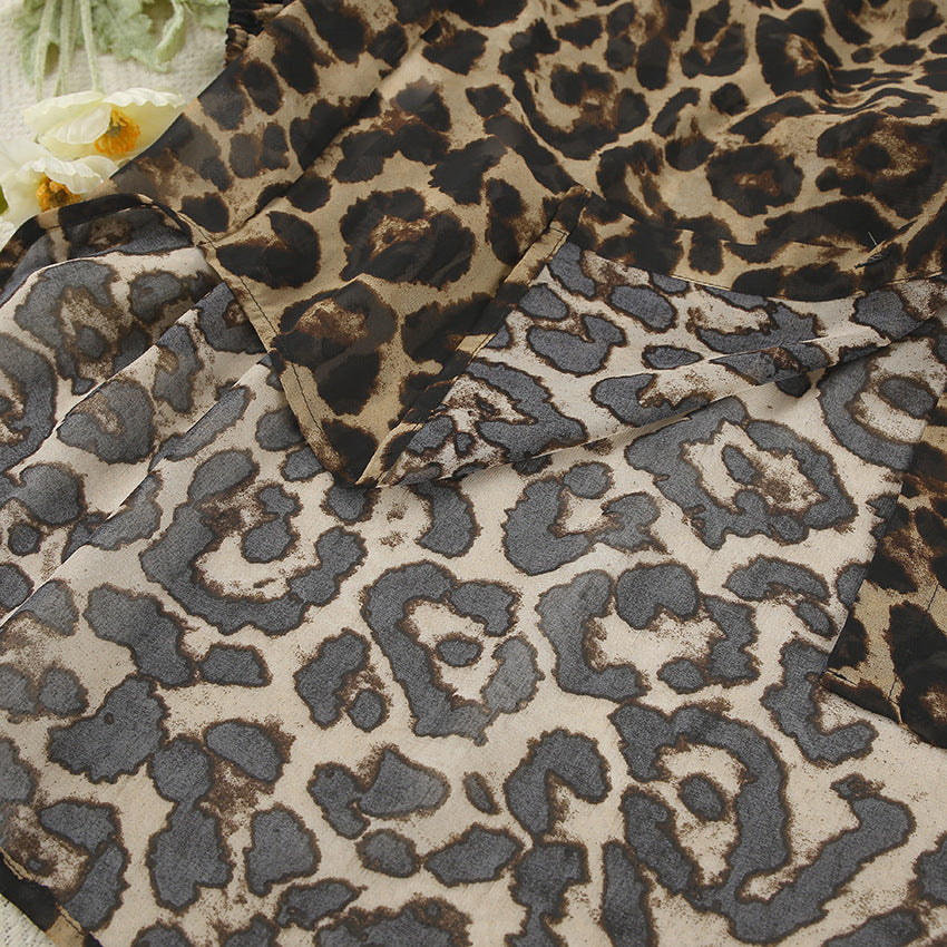 Sheer Leopard Print Lounge Shirt and Shorts Set - Brown - 4