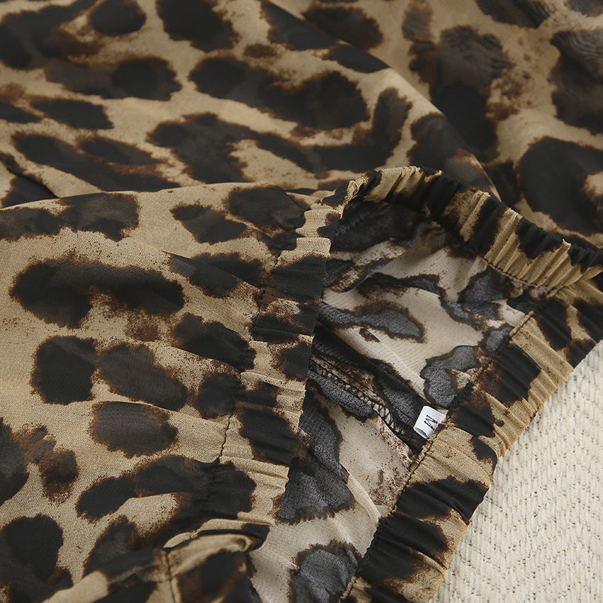 Sheer Leopard Print Lounge Shirt and Shorts Set - Brown - 5