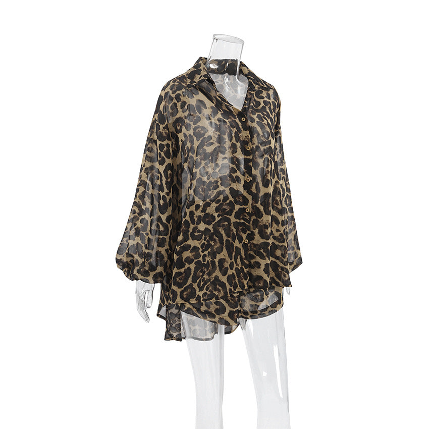 Sheer Leopard Print Lounge Shirt and Shorts Set - Brown - 7