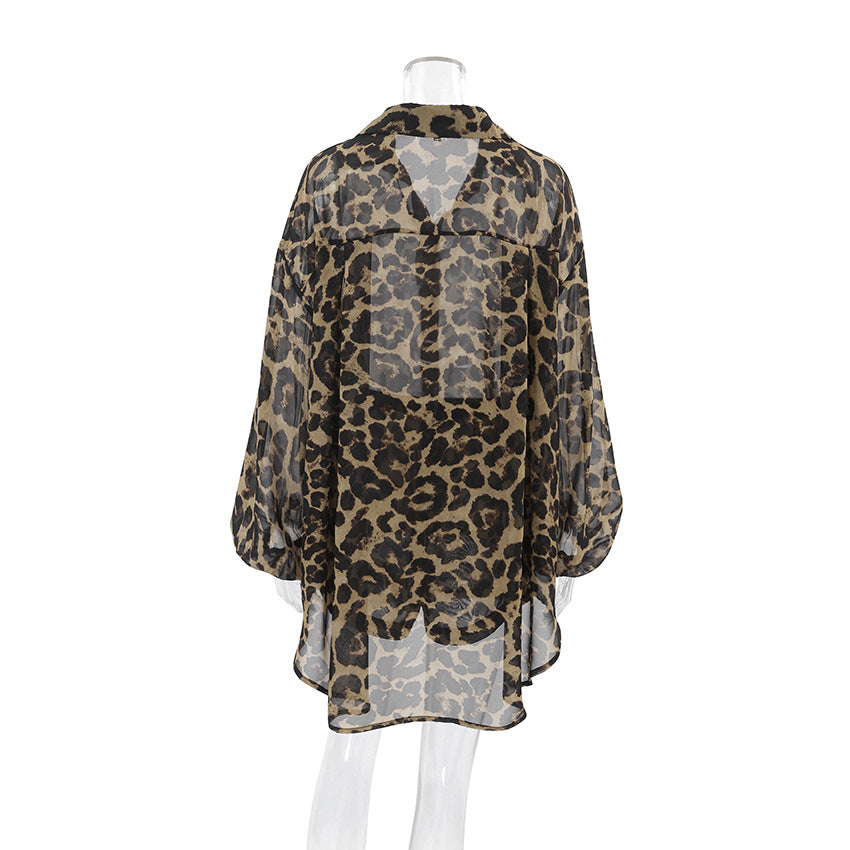 Sheer Leopard Print Lounge Shirt and Shorts Set - Brown - 8