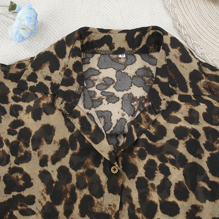Sheer Leopard Print Lounge Shirt and Shorts Set - Brown - 9