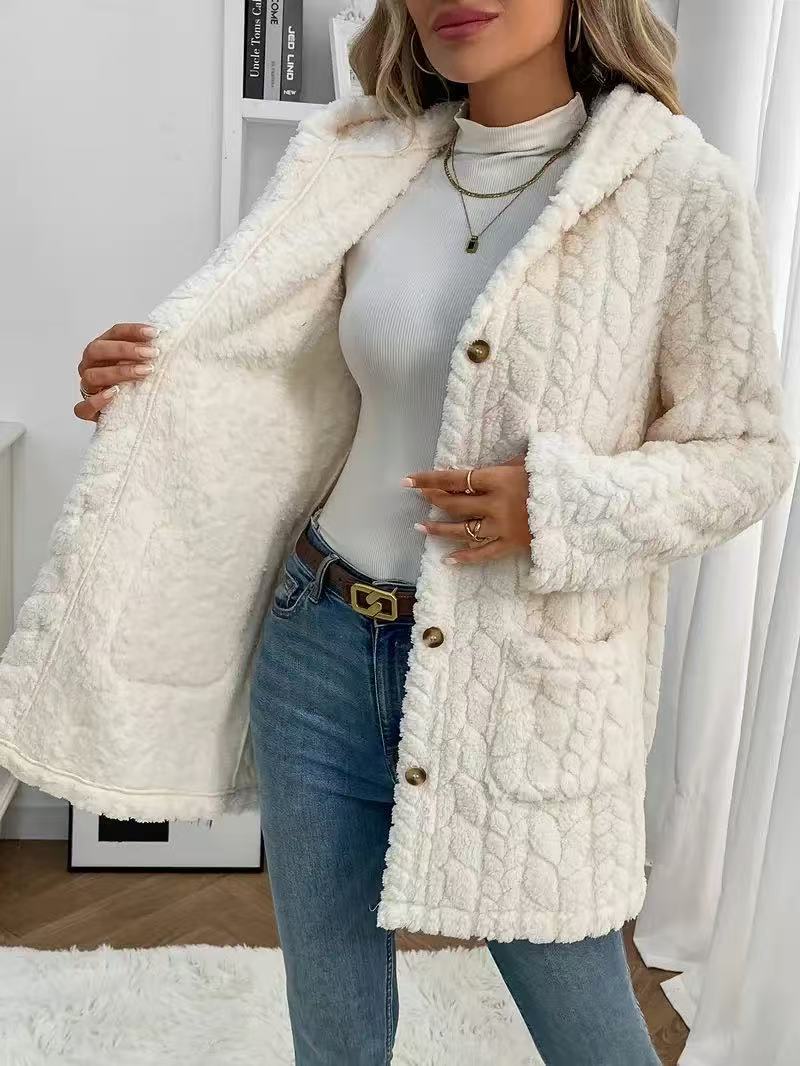 Textured Plush Hooded Button Jacket - White