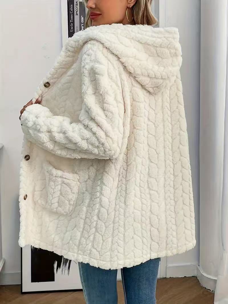Textured Plush Hooded Button Jacket - White - 1