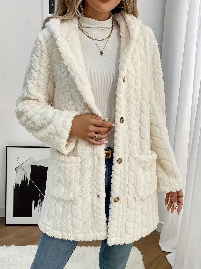 Textured Plush Hooded Button Jacket - White - 2