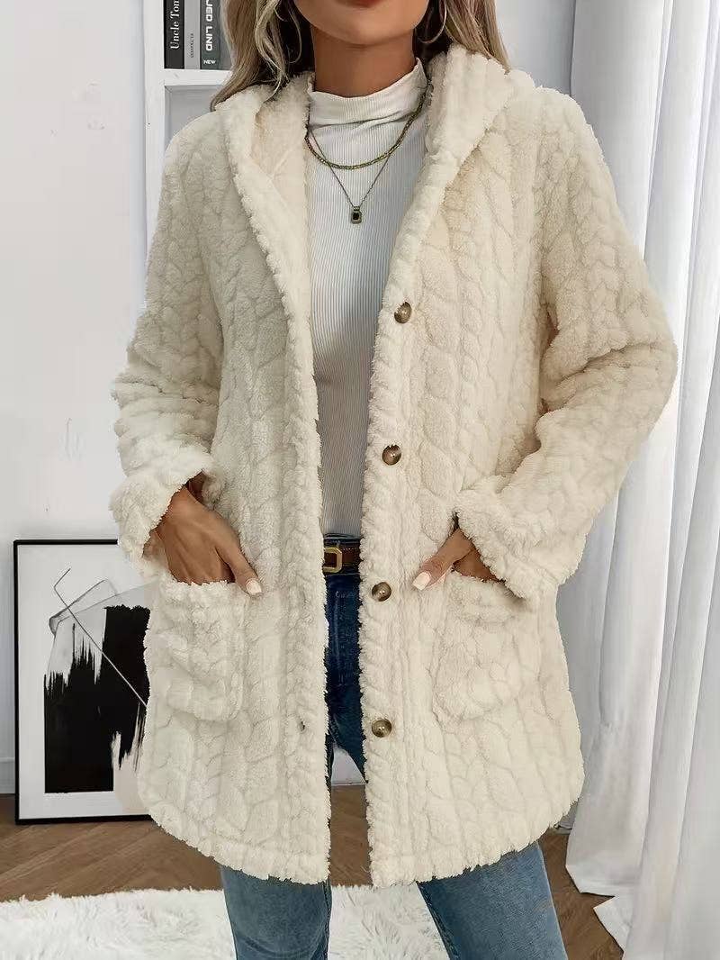 Textured Plush Hooded Button Jacket