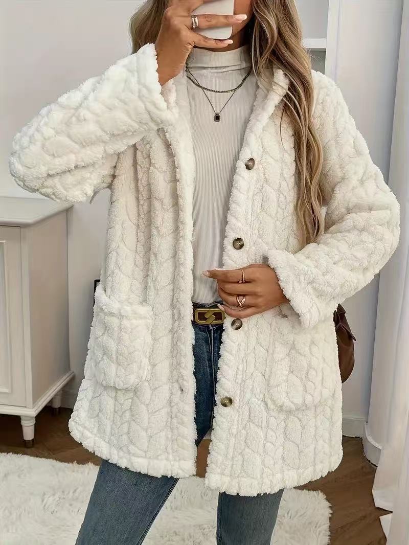 Textured Plush Hooded Button Jacket - view 1