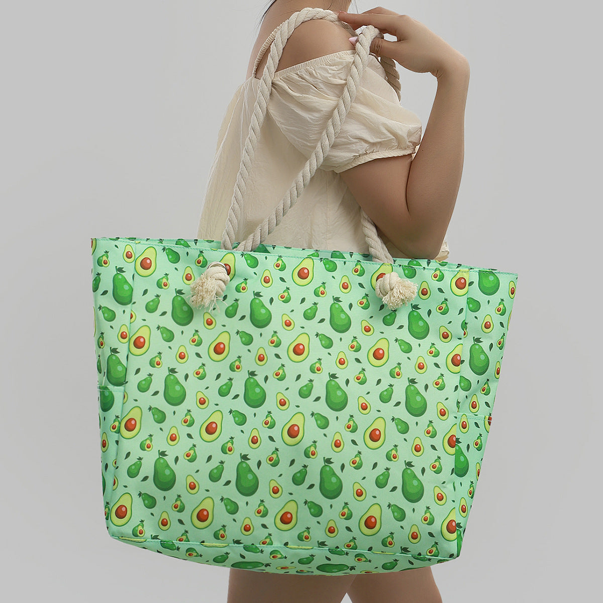 Rope Handle Printed Canvas Beach Tote - Avocado - 2