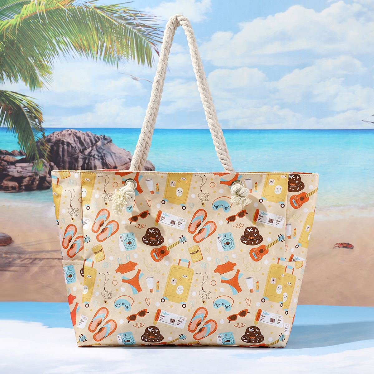 Rope Handle Printed Canvas Beach Tote - Beige