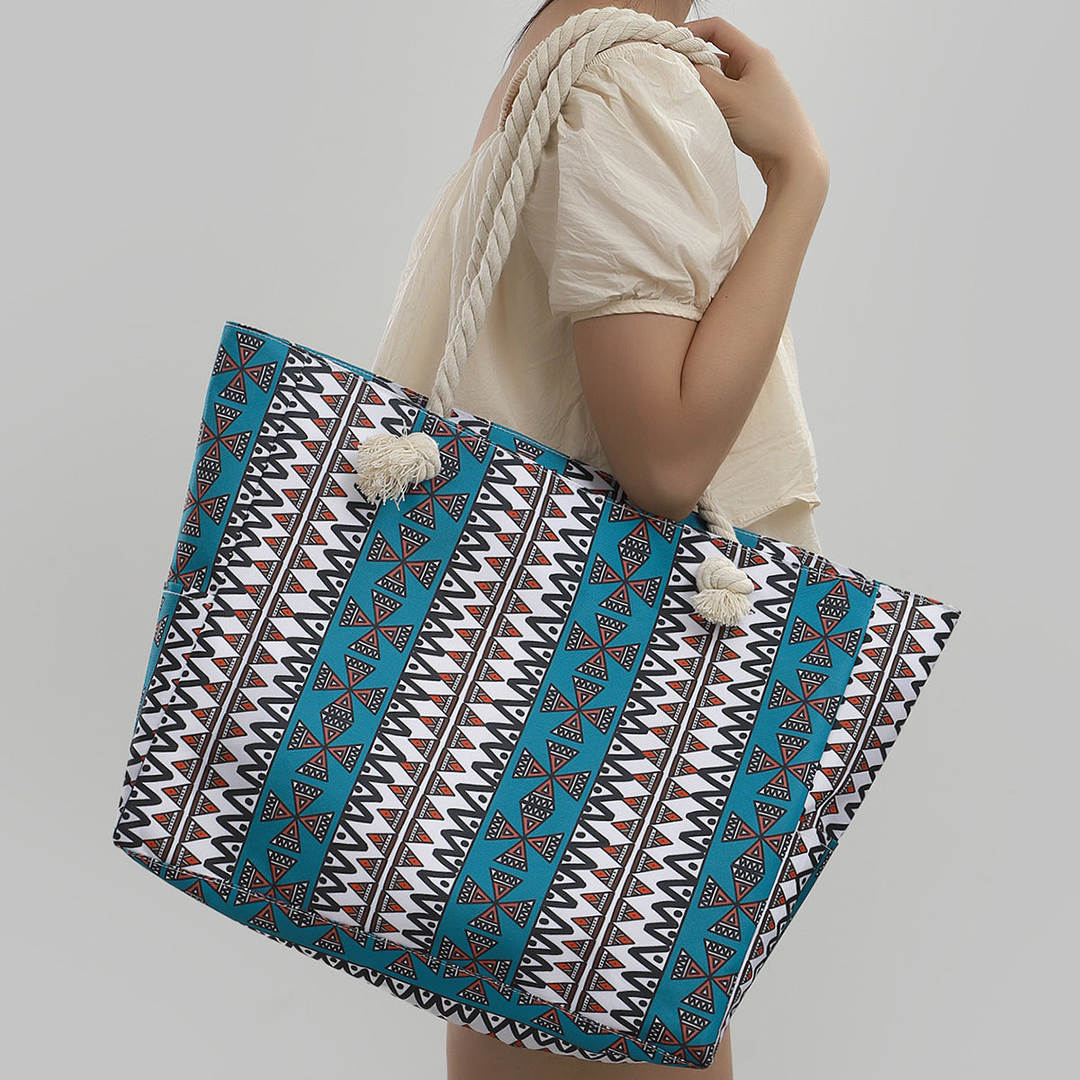 Rope Handle Printed Canvas Beach Tote - Bohemian - 1