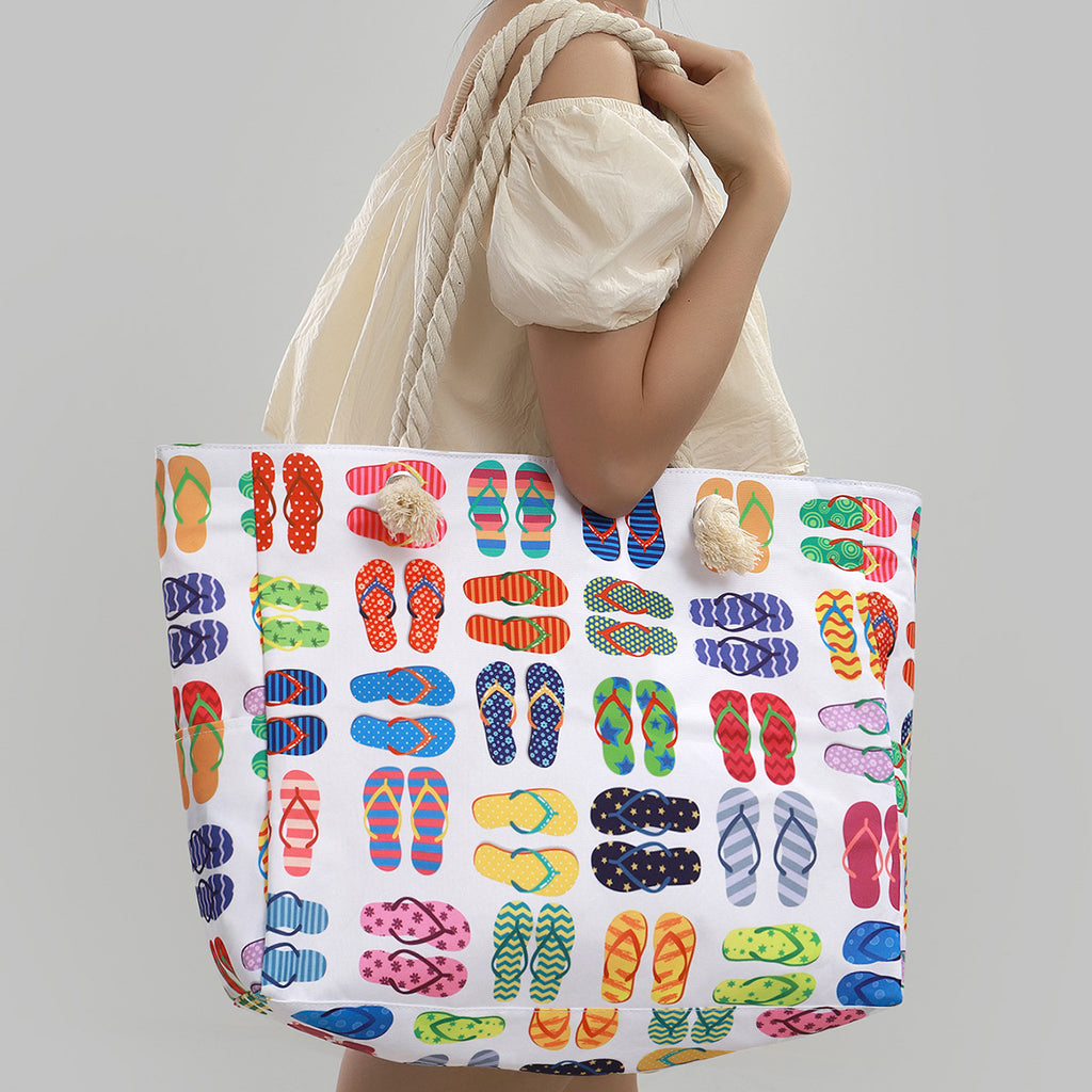 Rope Handle Printed Canvas Beach Tote - Flipflop - 2