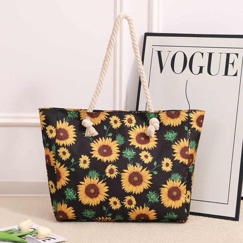 Rope Handle Printed Canvas Beach Tote - Flower
