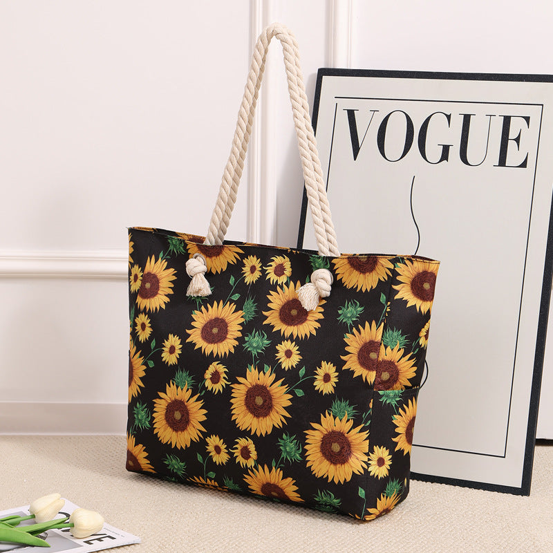 Rope Handle Printed Canvas Beach Tote - Flower - 1