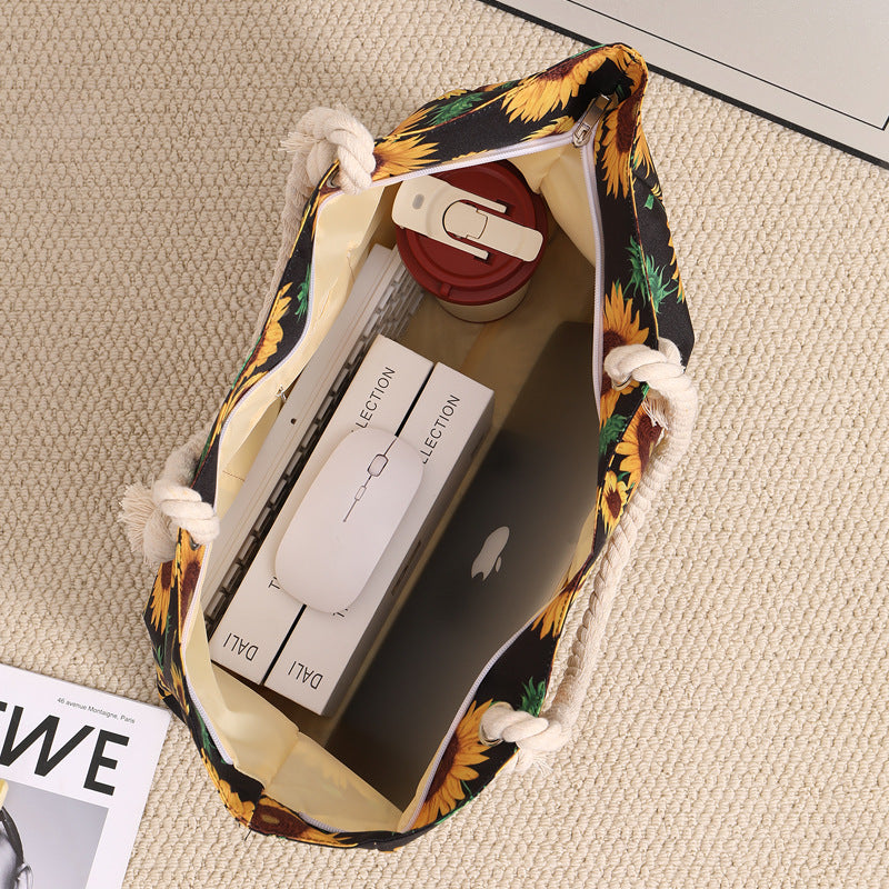 Rope Handle Printed Canvas Beach Tote - Flower - 2