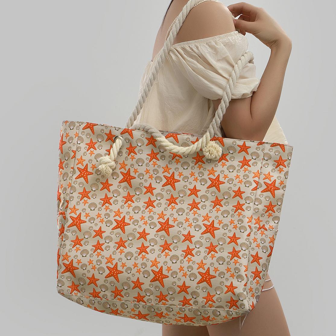 Rope Handle Printed Canvas Beach Tote - Shell - 1