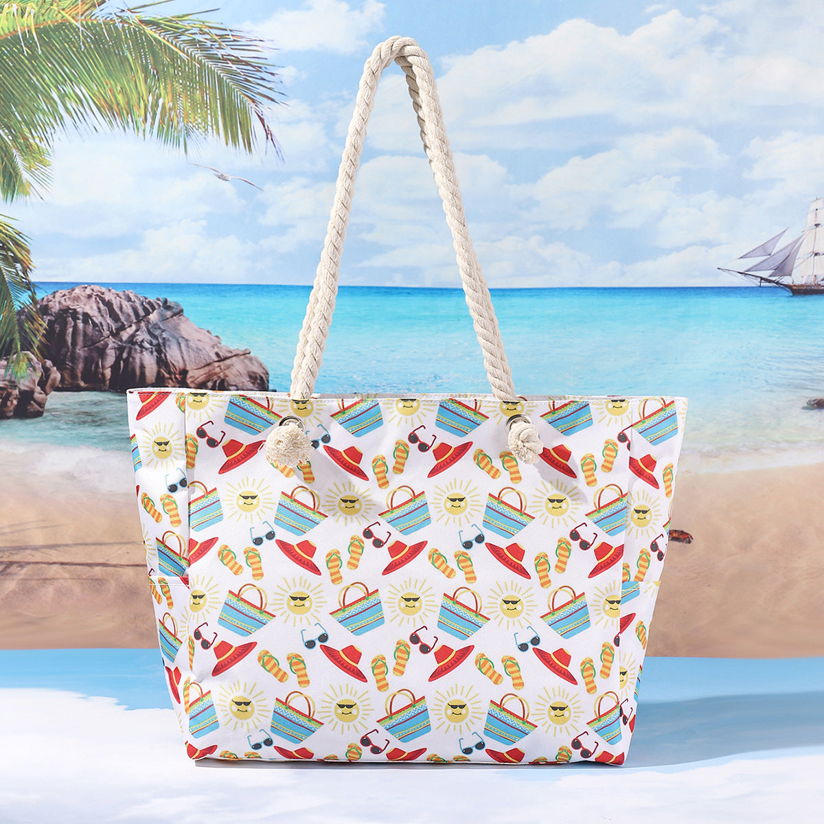 Rope Handle Printed Canvas Beach Tote - Summer