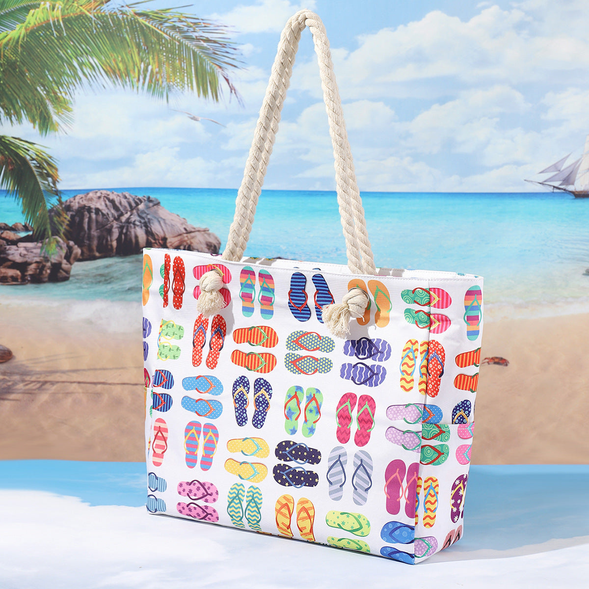 Rope Handle Printed Canvas Beach Tote