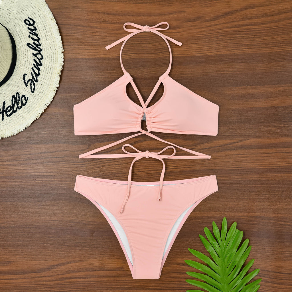 Strappy Cutout Halter Neck Swimsuit - Pink - 5