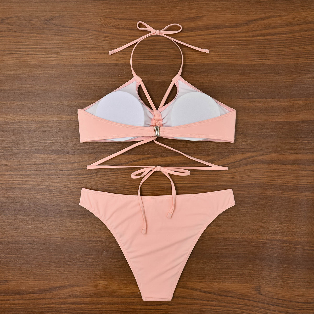 Strappy Cutout Halter Neck Swimsuit - Pink - 6
