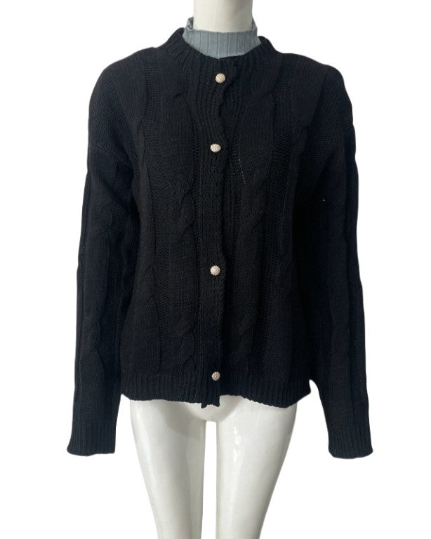 Cable Knit Button Front Cardigan Sweater - Black