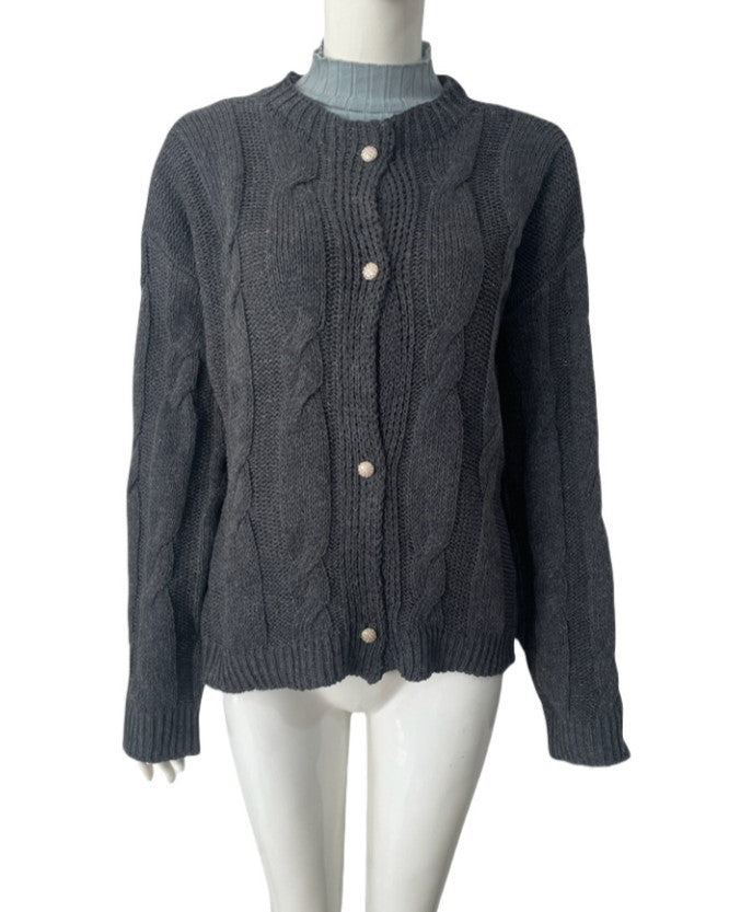 Cable Knit Button Front Cardigan Sweater - DarkGray