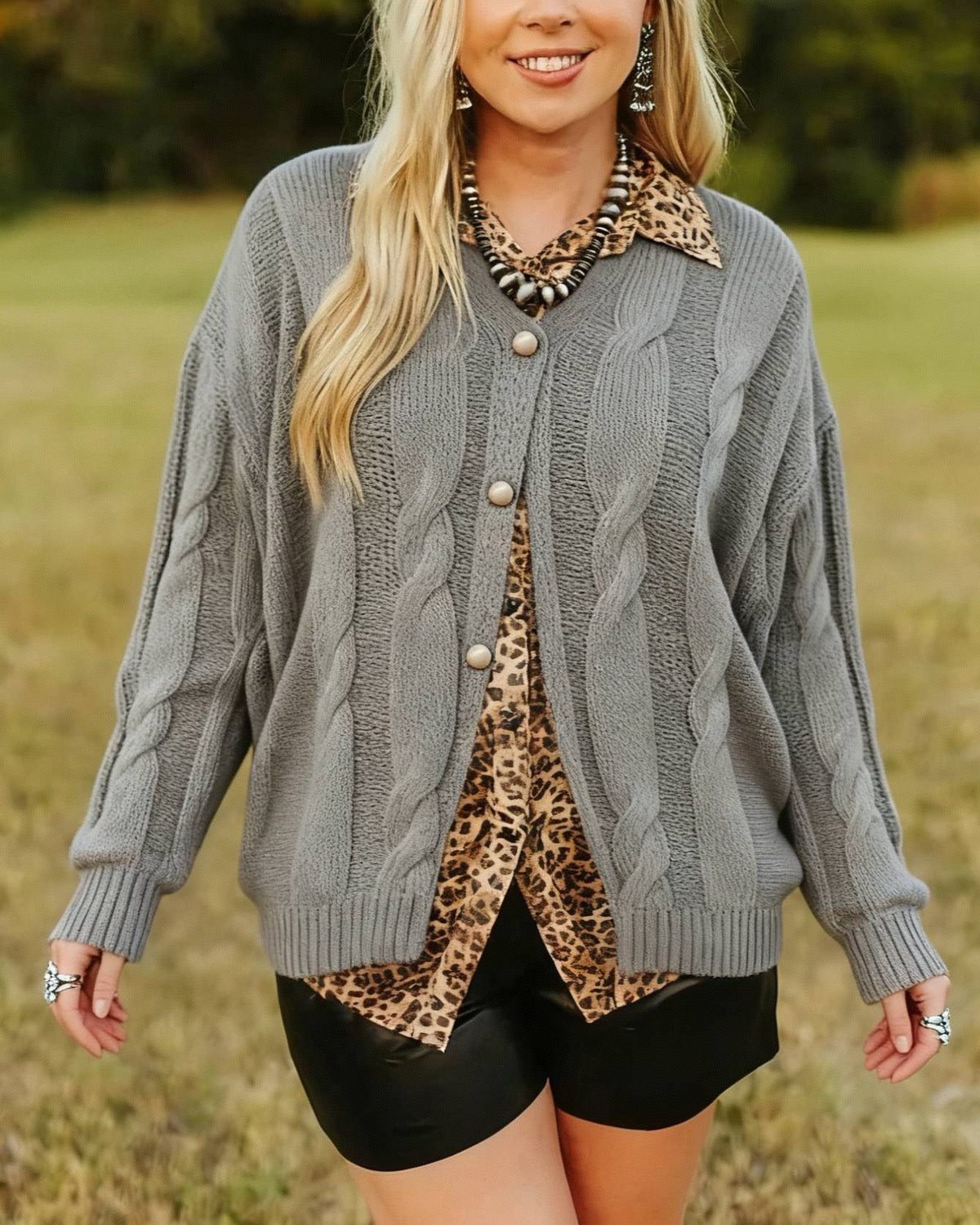 Cable Knit Button Front Cardigan Sweater - Gray