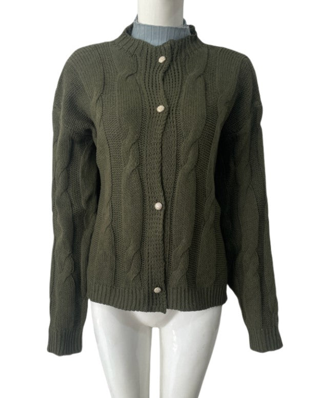Cable Knit Button Front Cardigan Sweater - Green