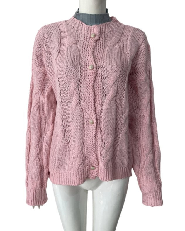 Cable Knit Button Front Cardigan Sweater - Pink