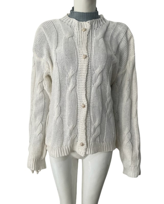 Cable Knit Button Front Cardigan Sweater - White
